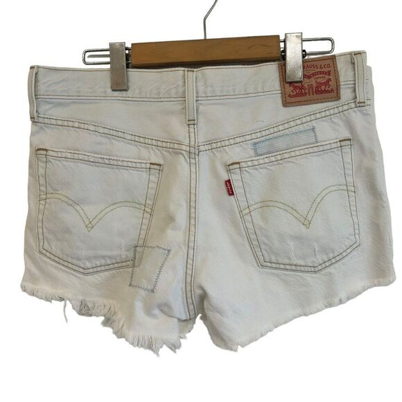 Levis 501 Bleached White Distressed Patched Jean Shorts - Picture 2 of 9